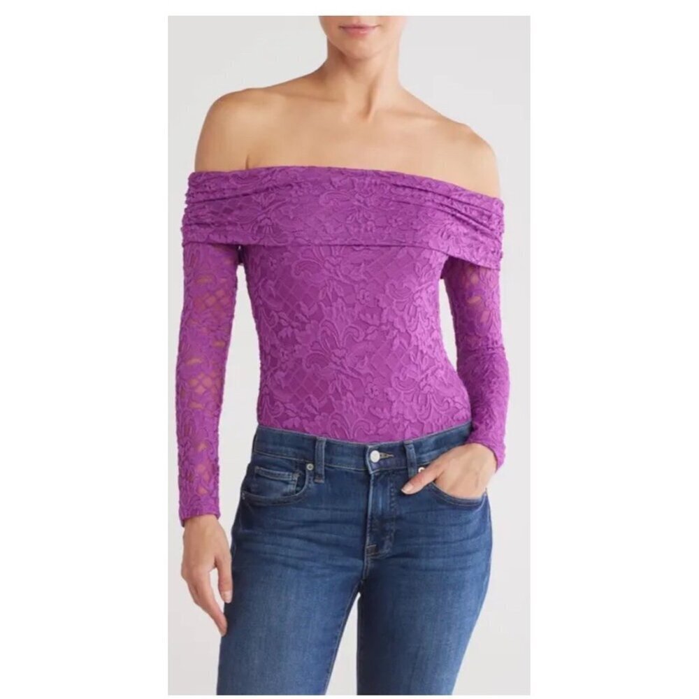AFRM Women's Purple Floral Ruched Off the Shoulder Lace Bodysuit Size Large NWT